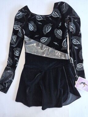 Mondor Girls Black and Silver Leaf Velvet Skating Dress 8-10 NWT long sleeves.